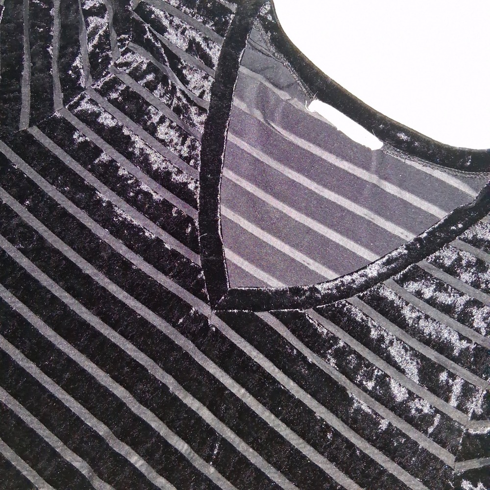 Liquid by Sioni Striped Velvet Top V-Neck Long Sleeve Semi-Sheer Black Blouse‎